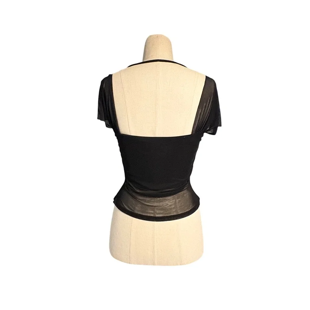 Tiger Mist Black Mesh Ruched Cap Sleeve Halter Square Neck Top Womens M Emo Goth - Picture 3 of 8
